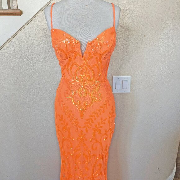 Neon Orange Sequin Formal Prom Evening Dress 6 - Picture 1 of 4